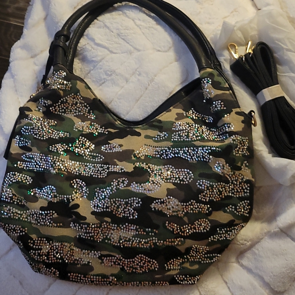 Camo rhinestone shoulder handbag